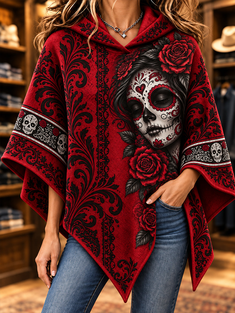 Suéter tipo capa con diseño del Día de los Muertos de México para mujer