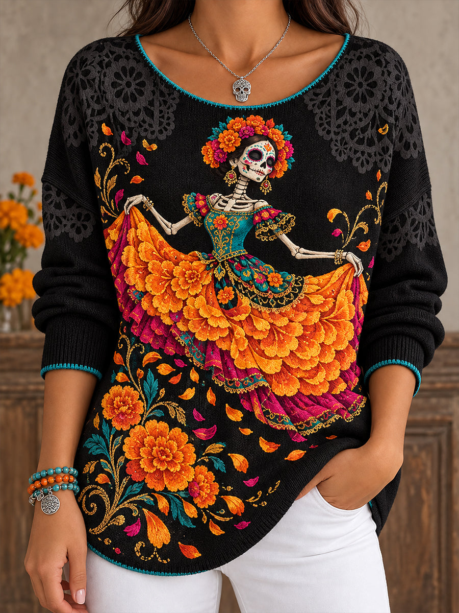 Camisetas estampadas con diseño floral del Día de los Muertos mexicano para mujer