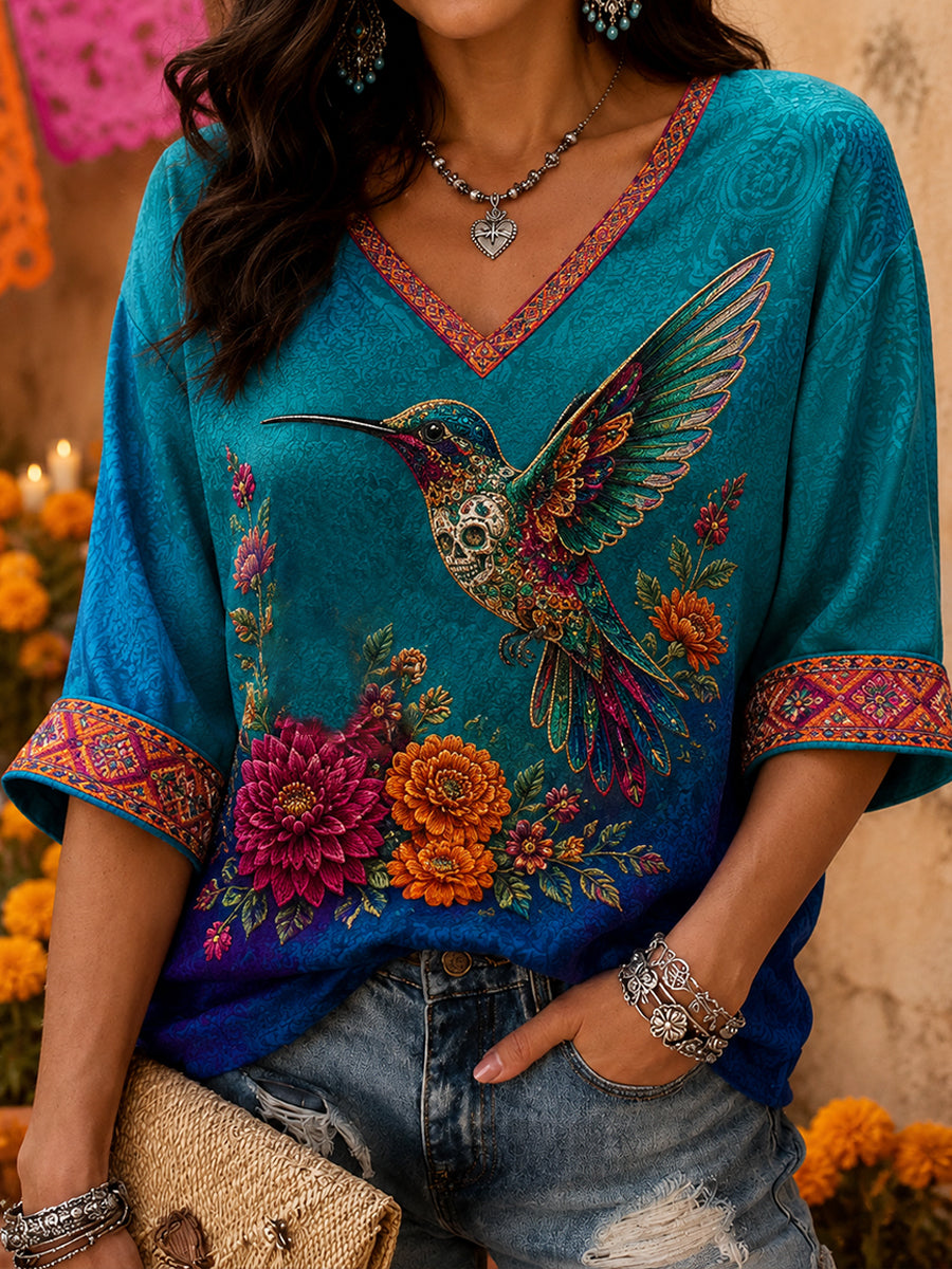 Camiseta estampada con diseño floral del Día de los Muertos mexicano para mujer