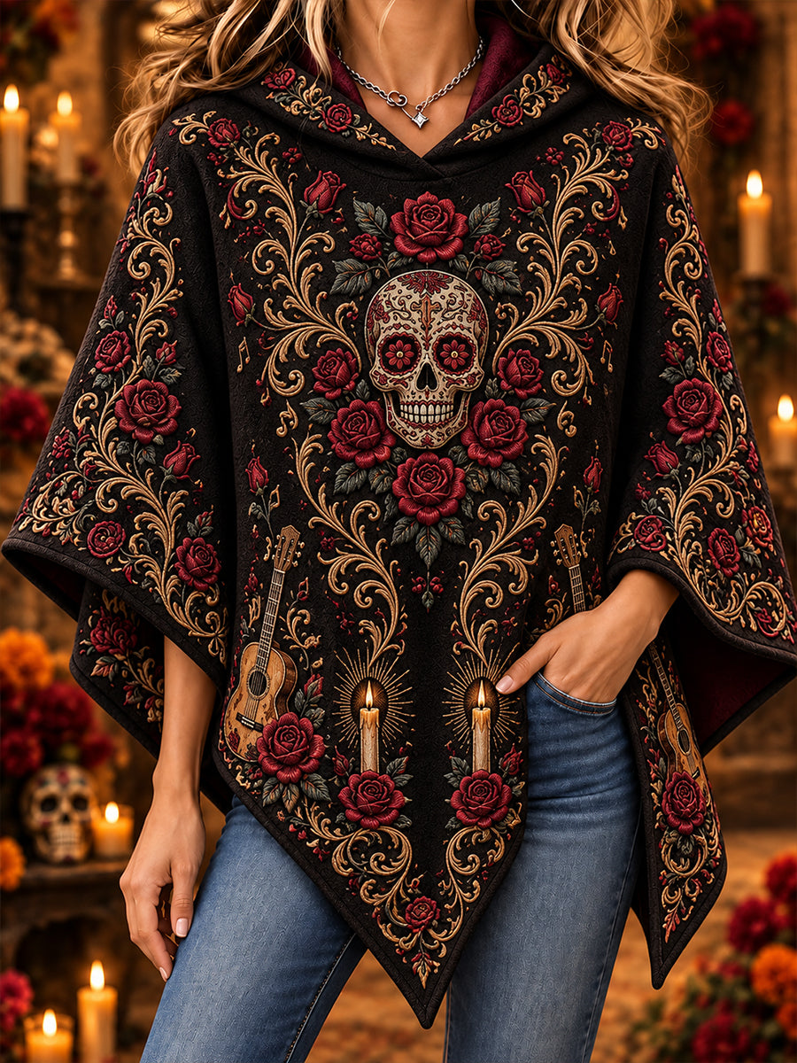 Suéter tipo capa con diseño del Día de los Muertos de México para mujer