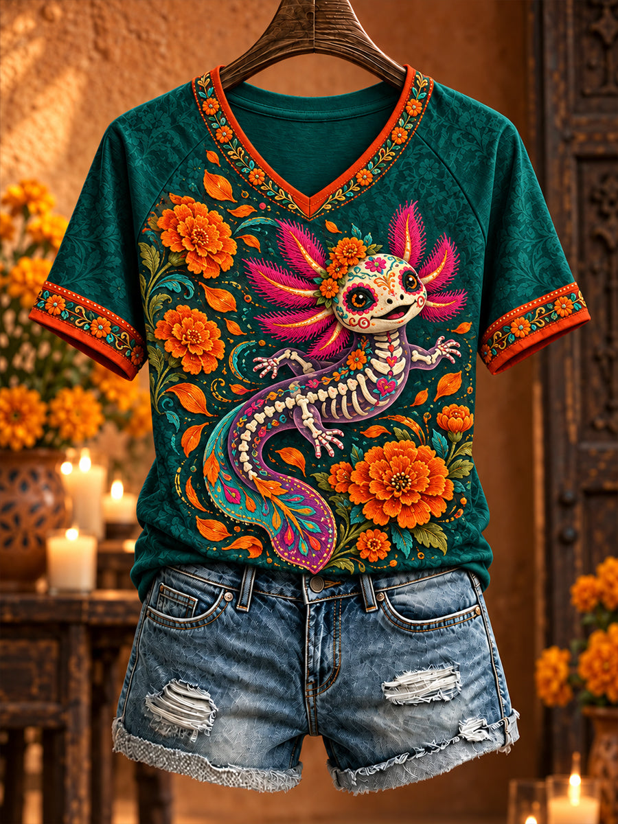 Camiseta estampada con diseño floral del Día de los Muertos mexicano para mujer