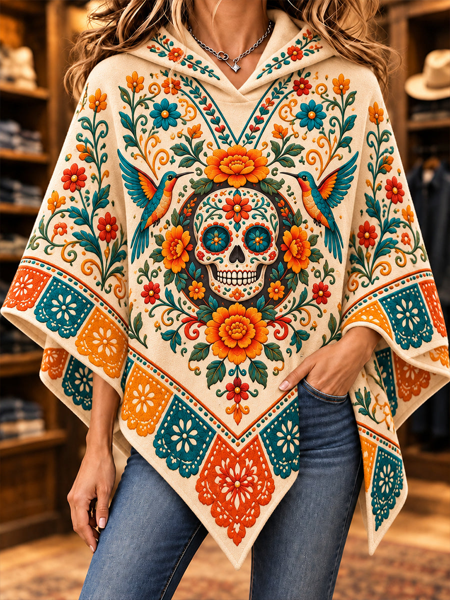 Suéter tipo capa con diseño del Día de los Muertos de México para mujer