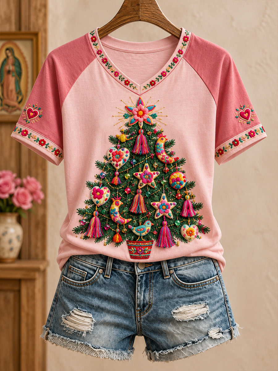 Camiseta estampada con diseño navideño de México para mujer
