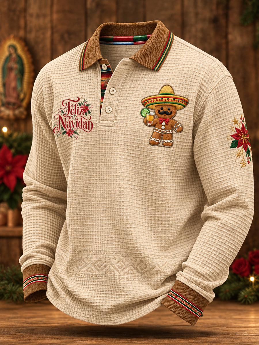 Camisetas casuales de waffle con estampado navideño mexicano para hombre