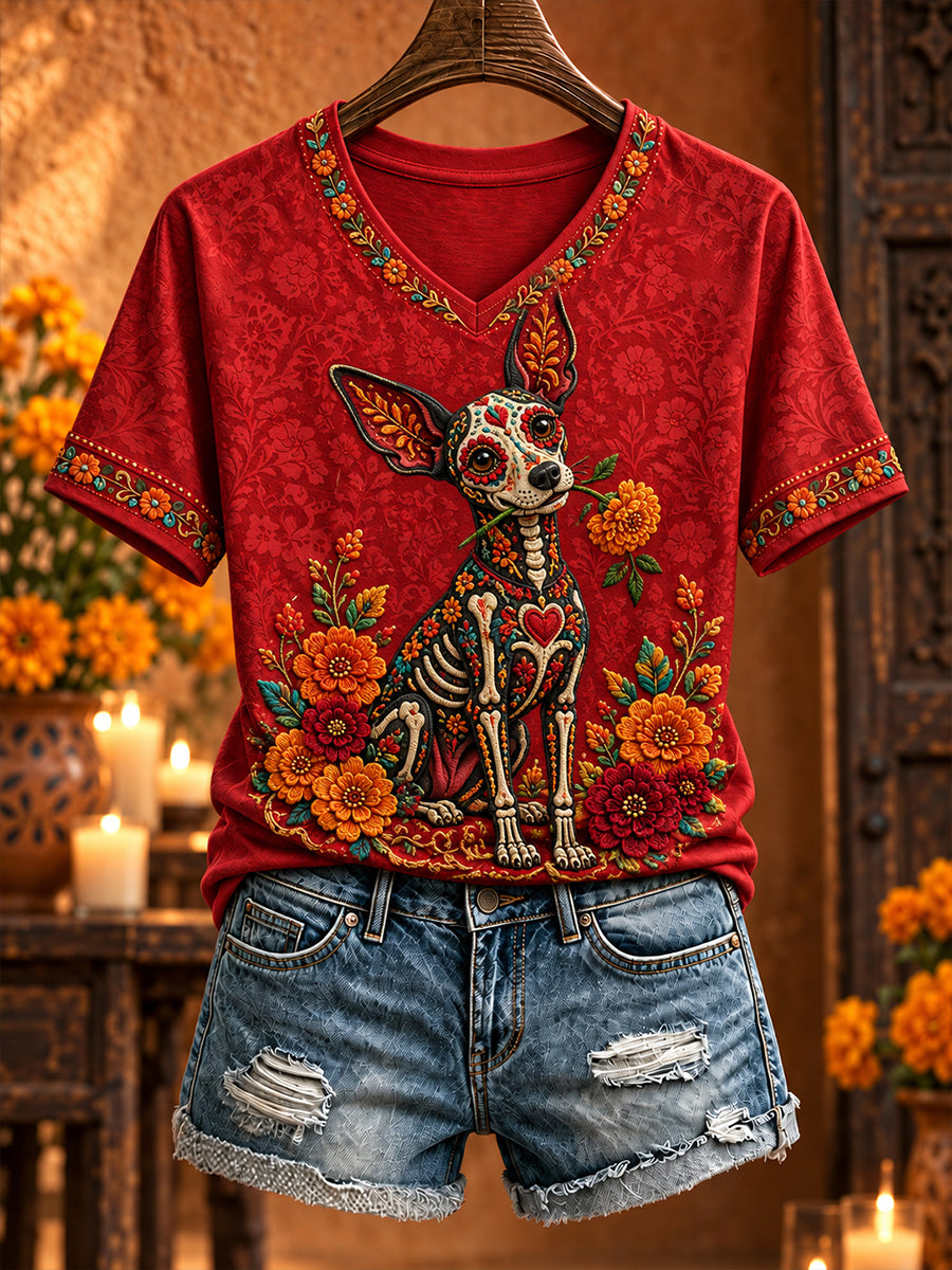 Camiseta estampada con diseño floral del Día de los Muertos mexicano para mujer