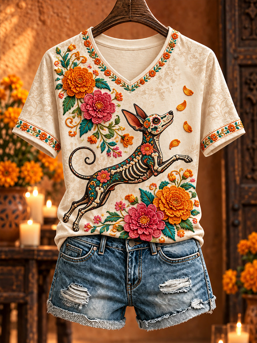 Camiseta estampada con diseño floral del Día de los Muertos mexicano para mujer