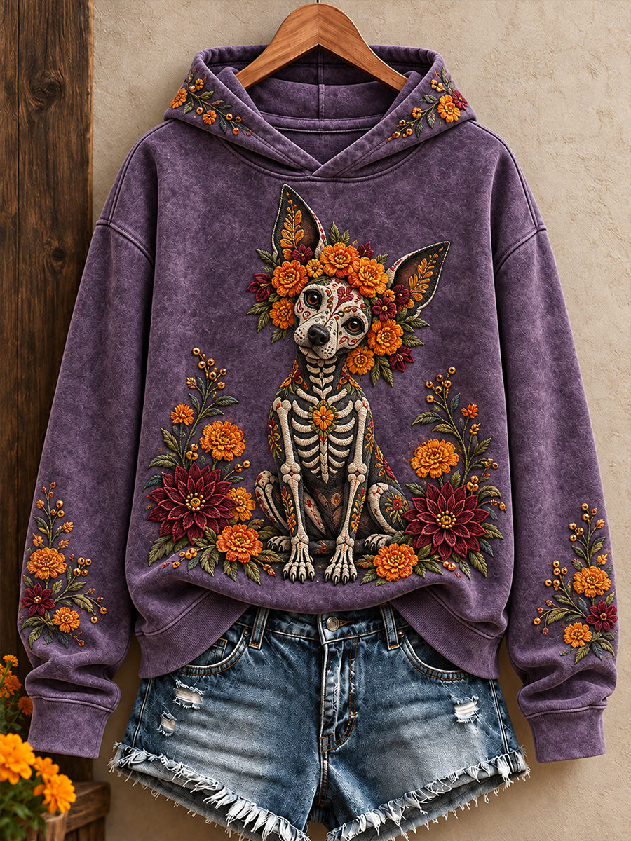 Sudadera con capucha estampada con diseño floral del Día de los Muertos mexicano para mujer