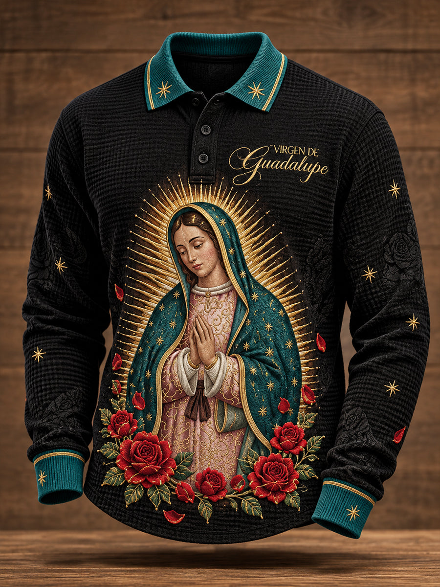 Camisetas casuales de waffle estampadas con diseño religioso para el Día de Nuestra Señora de Guadalupe, colección masculina México
