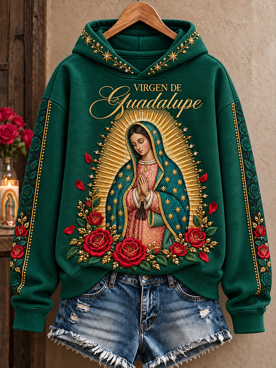 Sudadera con capucha estampada con diseño religioso para mujeres, Día de Nuestra Señora de Guadalupe, México
