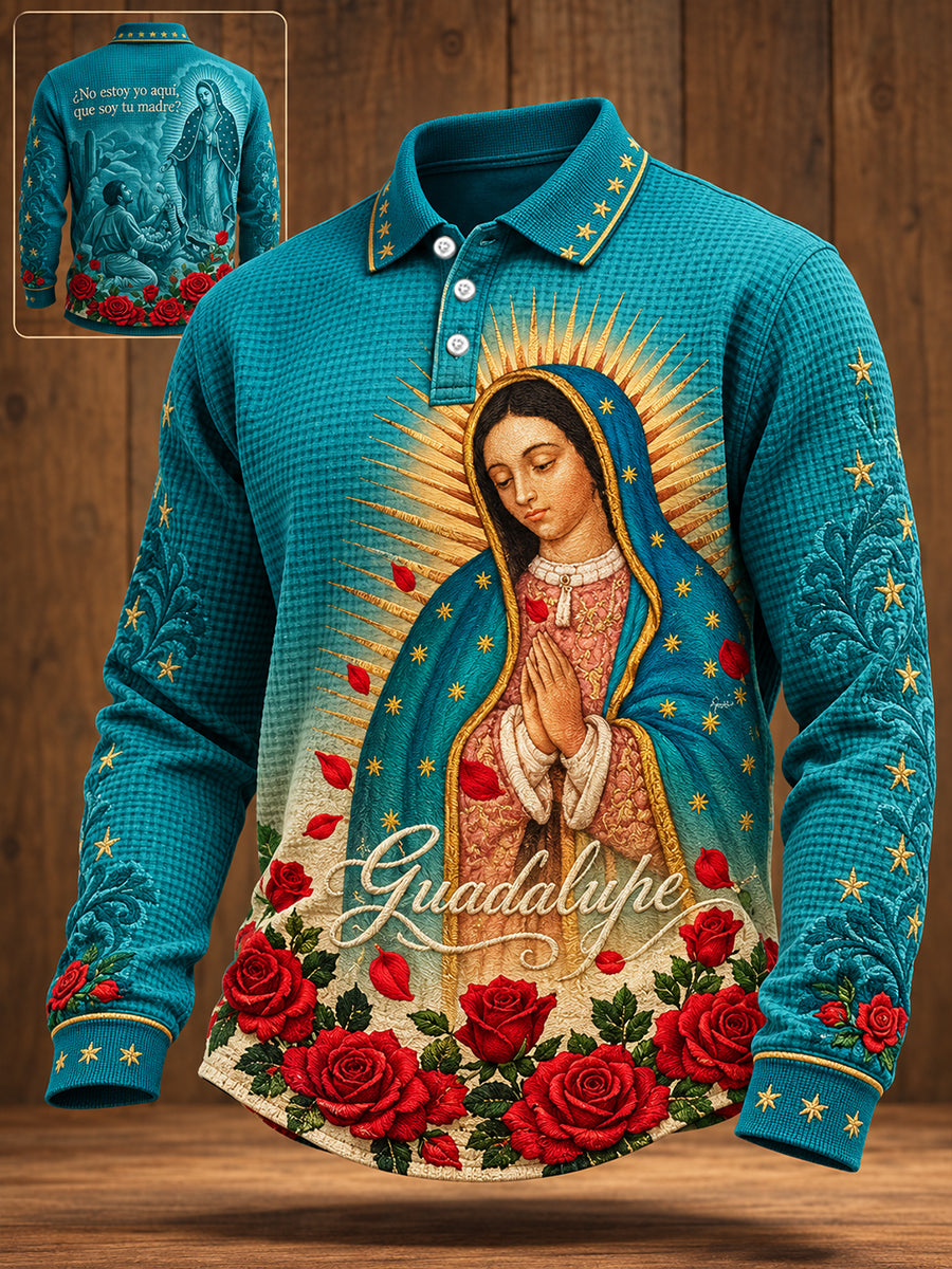 Camisetas casuales de waffle estampadas con diseño religioso para el Día de Nuestra Señora de Guadalupe, colección masculina México