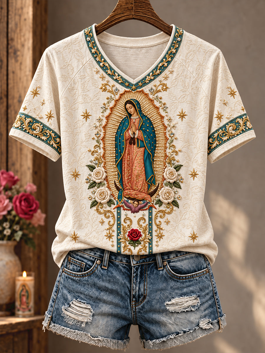Camiseta estampada con diseño religioso para el Día de Nuestra Señora de Guadalupe en México, para mujer