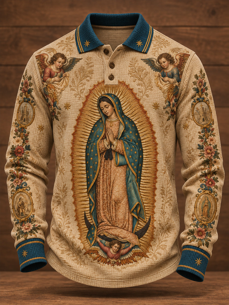 Camisetas casuales de waffle estampadas con diseño religioso para el Día de Nuestra Señora de Guadalupe, colección masculina México