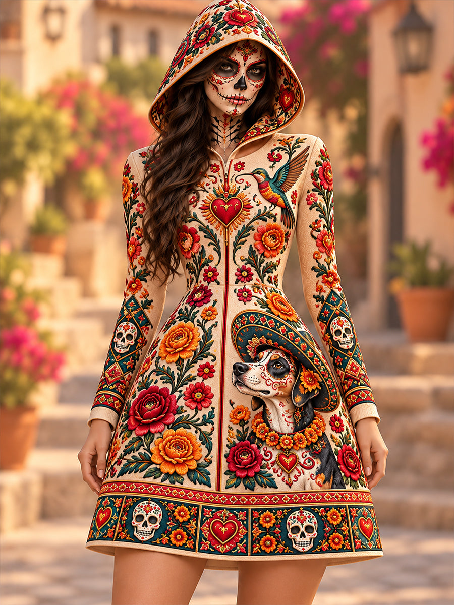 Vestido corto informal con estampado retro del Día de los Muertos de México