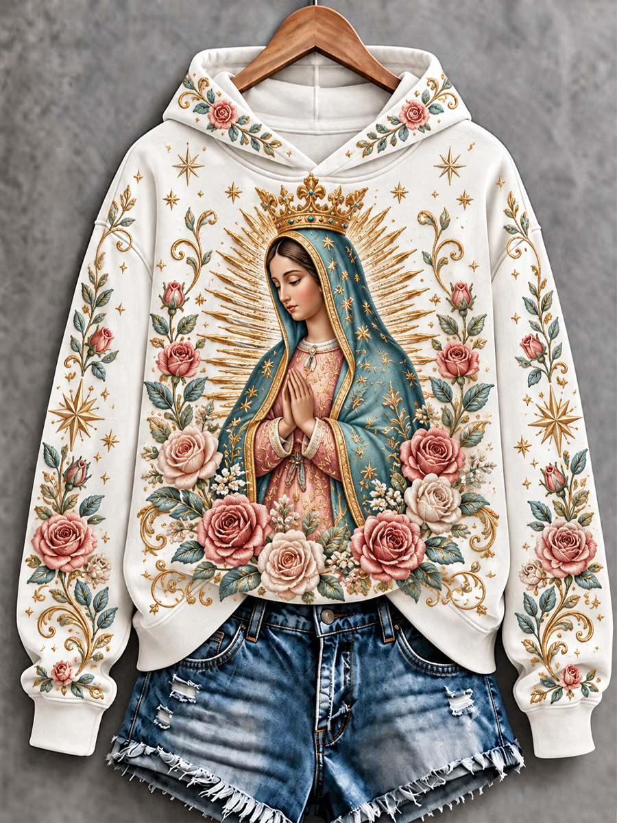 Sudadera estampada de corte clásico con diseño artístico de la Fiesta de Nuestra Señora de Guadalupe para mujer