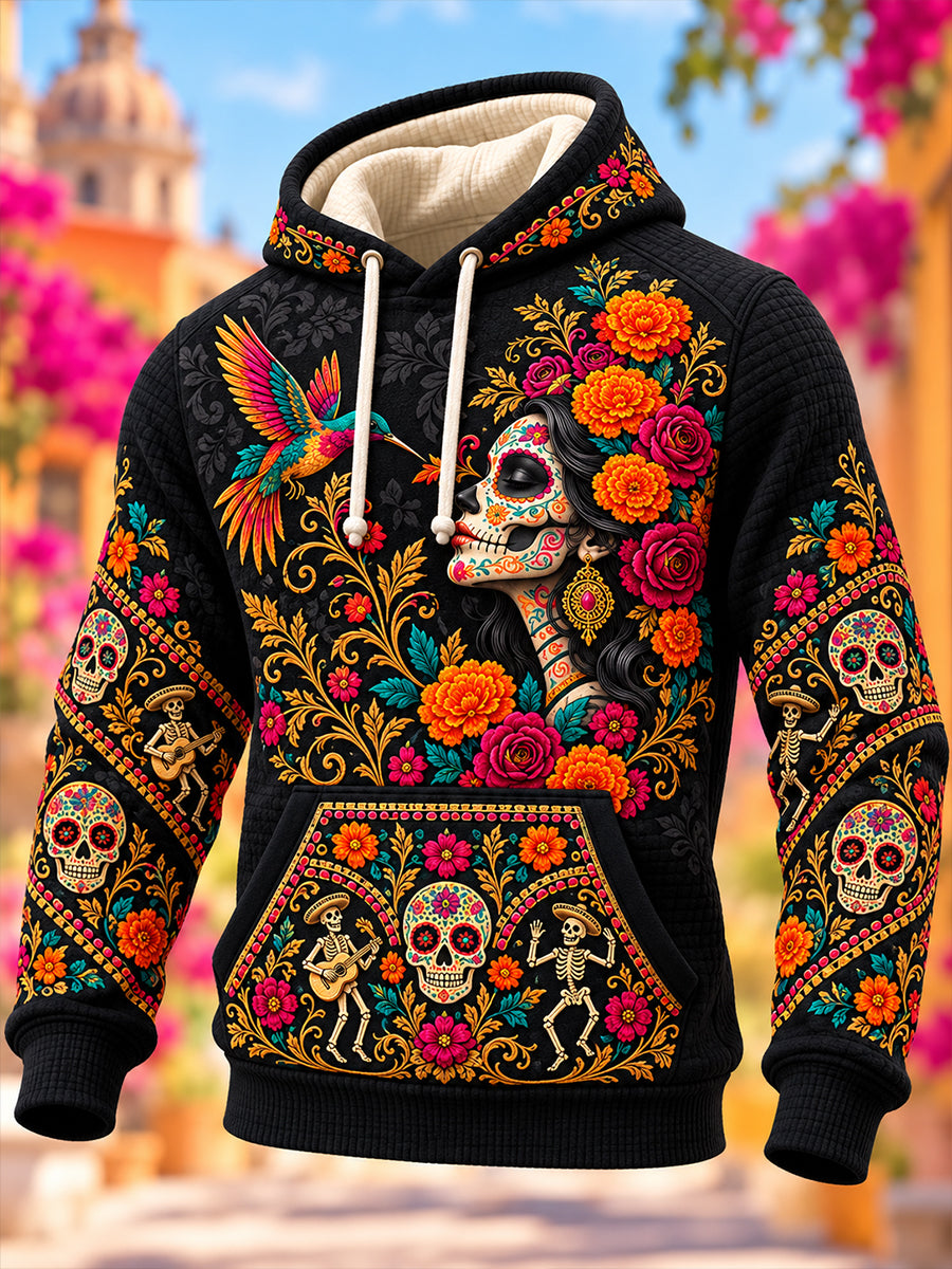 Hombres de México Día de los Muertos Oversized Drop-Shoulder Hoodie con bolsillos