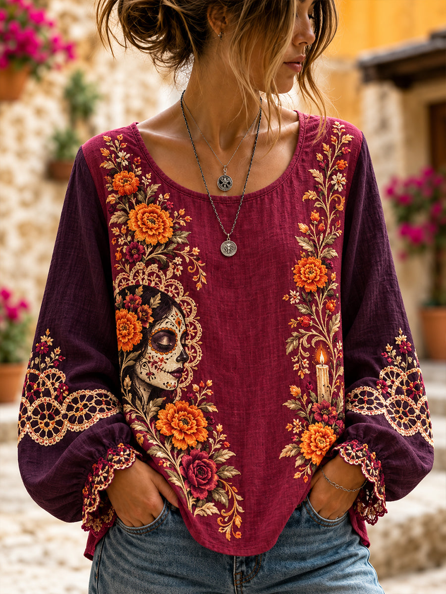 Camisa de algodón y lino para el Día de los Muertos de México, estilo femenino