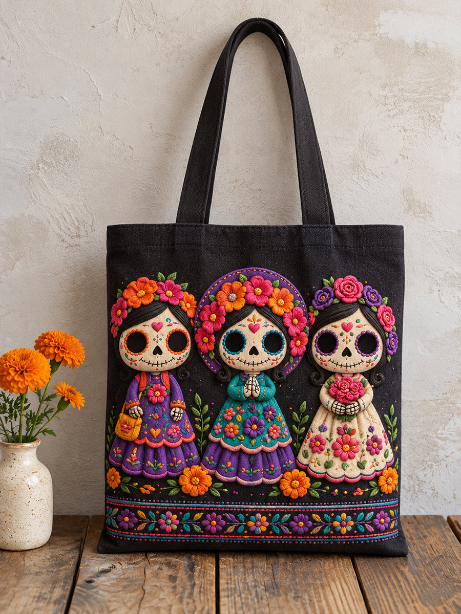 Bolso de lona estampado con arte floral del Día de los Muertos de México