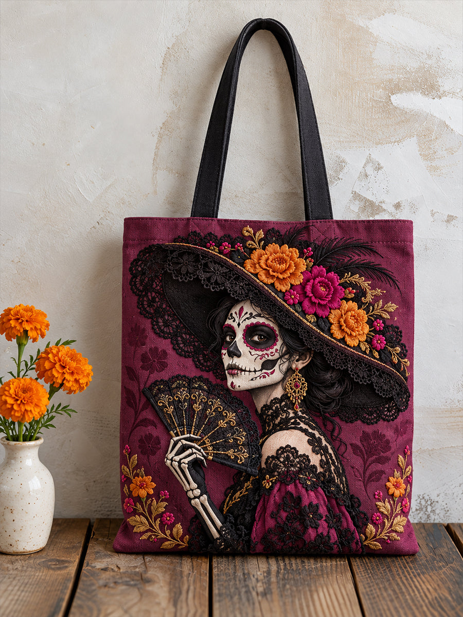 Bolso de lona estampado con arte floral del Día de los Muertos de México