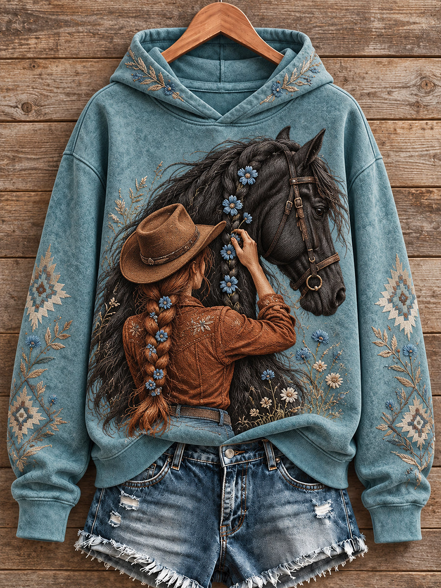 Sudadera con capucha estampada para amantes de los caballos, estilo vaquero vintage para mujer