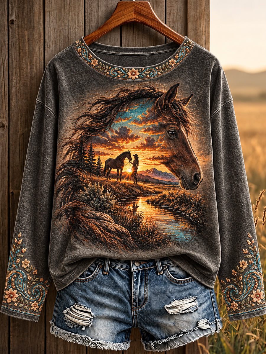 Camiseta estampada para mujer, estilo vaquero vintage, con diseño de caballos para amantes de los animales