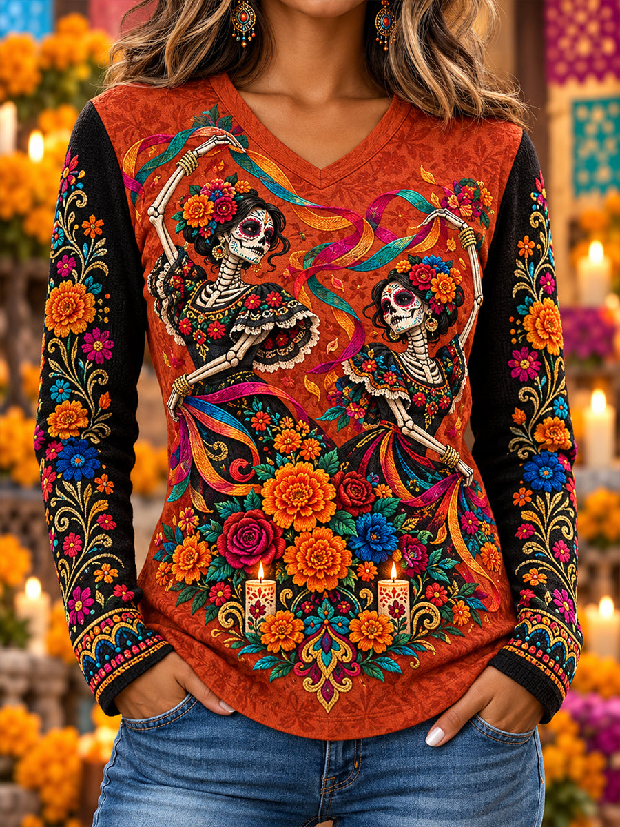 Mujer Mexico's Day Of The Dead V-Neck Long Sleeve