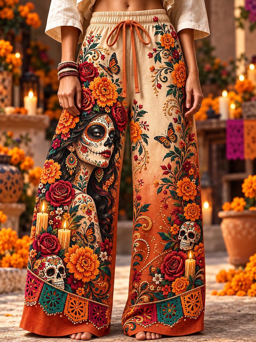 Pantalones de Día de Muertos mexicanos para mujer