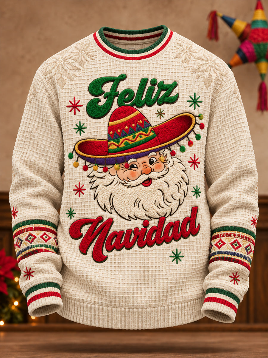 Sudadera de waffle estampada con "Feliz Navidad" para hombre, diseño mexicano