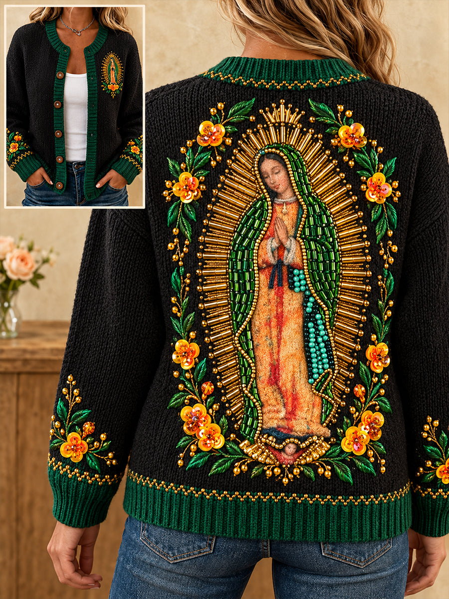 Cárdigan estampado con diseño de la Virgen de Guadalupe para mujer
