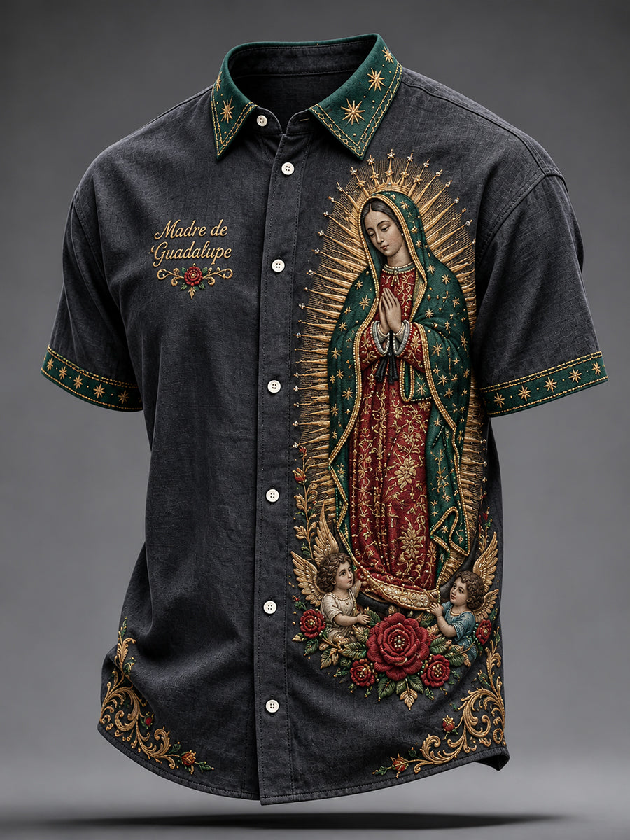 Camisa estampada con arte de la Virgen de Guadalupe para hombre, diseño mexicano