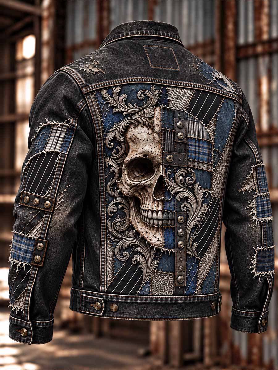 Chaqueta vintage de hombre con estampado de calavera rock y efecto desgastado