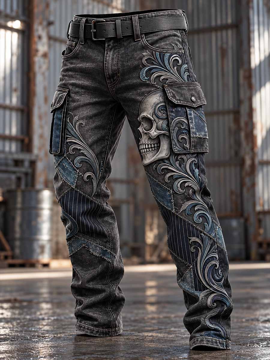 Vintage de los hombres apenado Rock cráneo patrón impreso Pantalones