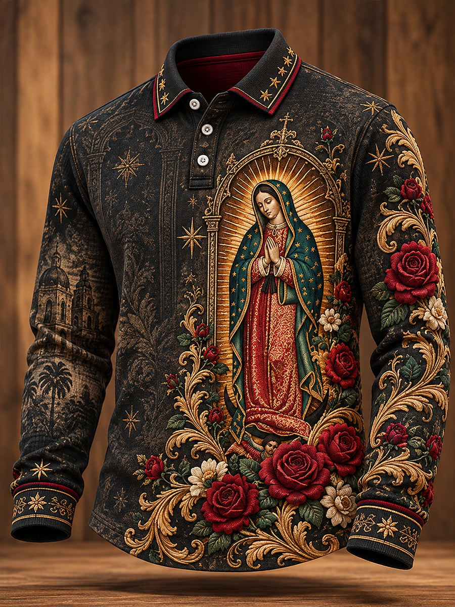 Fiesta de los hombres de Nuestra Señora de Guadalupe México de manga larga de impresión Polo
