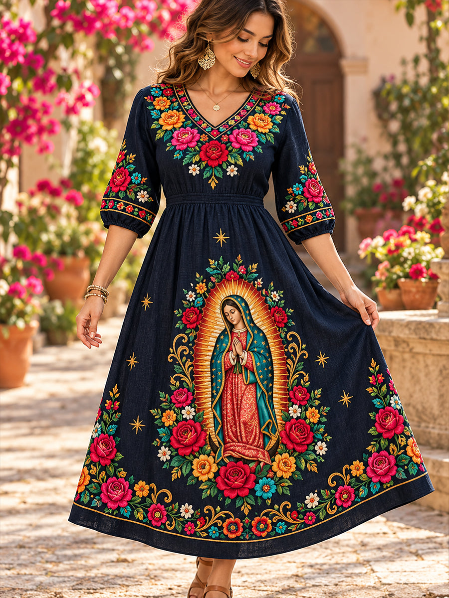 Vestido retro casual de algodón y lino con estampado de la Fiesta de Nuestra Señora de Guadalupe para mujer, México
