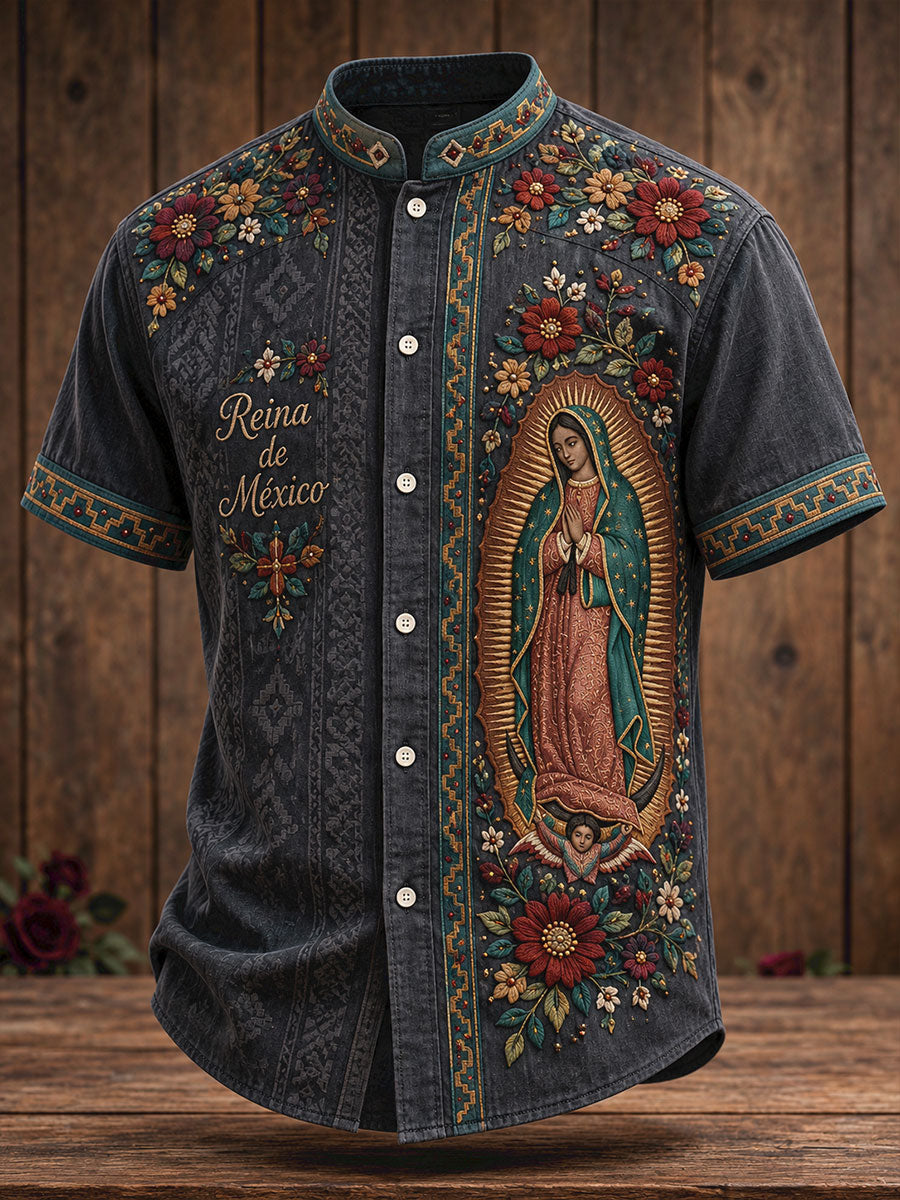 Camisa estampada con arte de la Virgen de Guadalupe para hombre, diseño mexicano