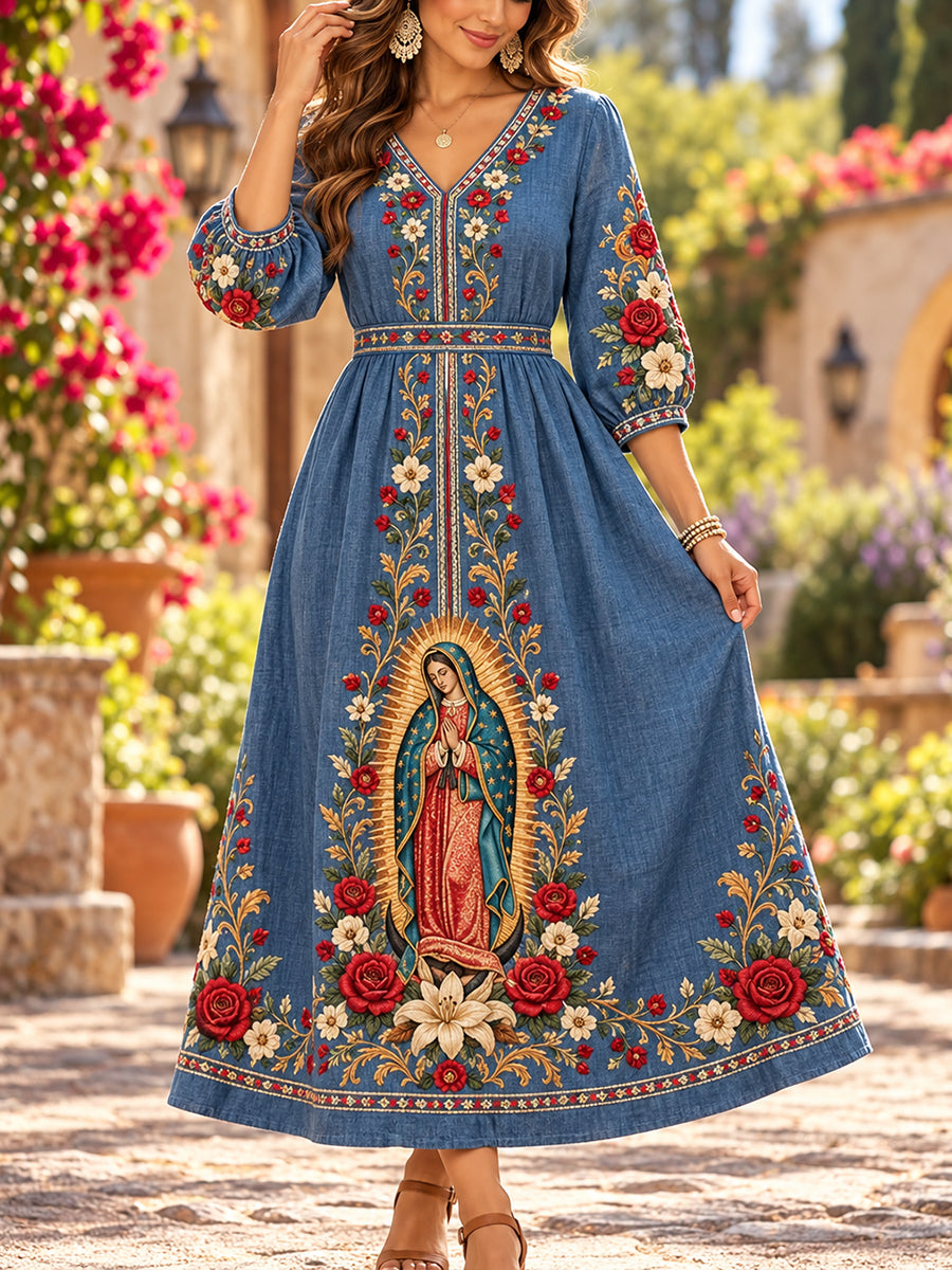 Vestido retro casual de algodón y lino con estampado de la Fiesta de Nuestra Señora de Guadalupe para mujer, México