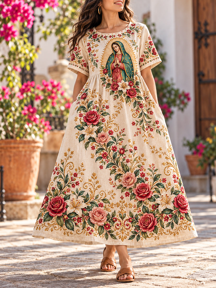 Vestido de lino estampado con arte mexicano, Fiesta de Nuestra Señora de Guadalupe para mujer
