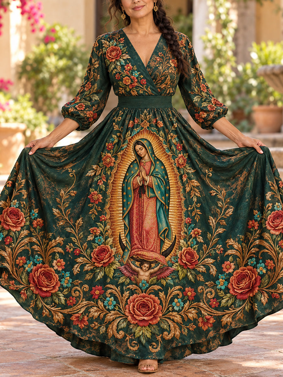 Vestido de lino estampado con arte mexicano, Fiesta de Nuestra Señora de Guadalupe para mujer