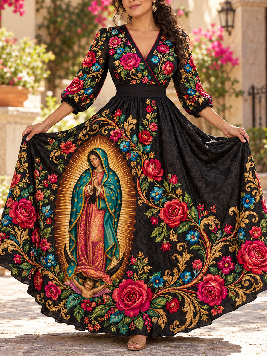 Vestido de lino estampado con arte mexicano, Fiesta de Nuestra Señora de Guadalupe para mujer