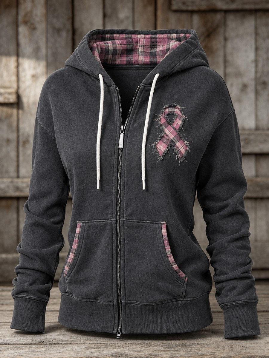 Sudadera con capucha de mujer estilo vintage, con ribete deshilachado, lazo rosa, estampado de retales a cuadros y cierre completo con cremallera