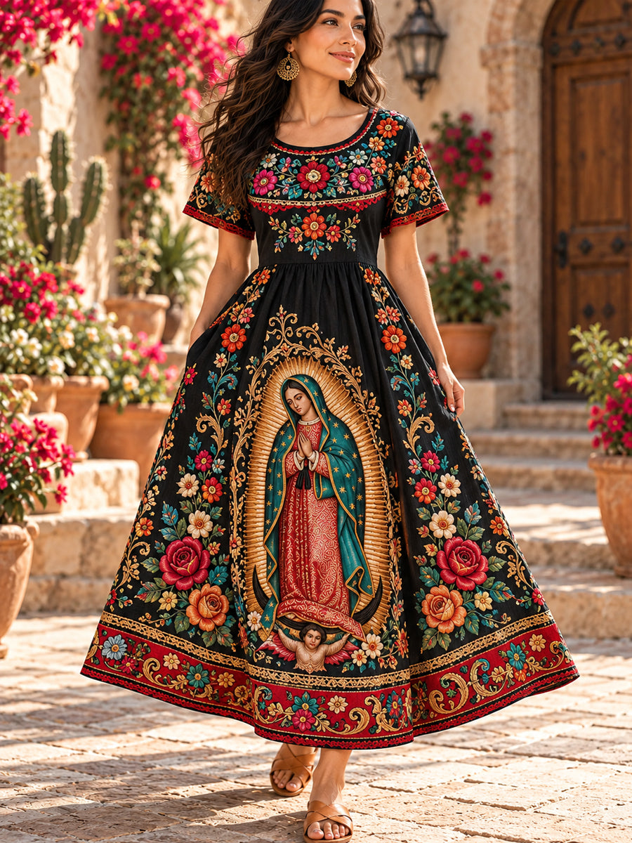 Vestido de lino estampado con arte mexicano, Fiesta de Nuestra Señora de Guadalupe para mujer