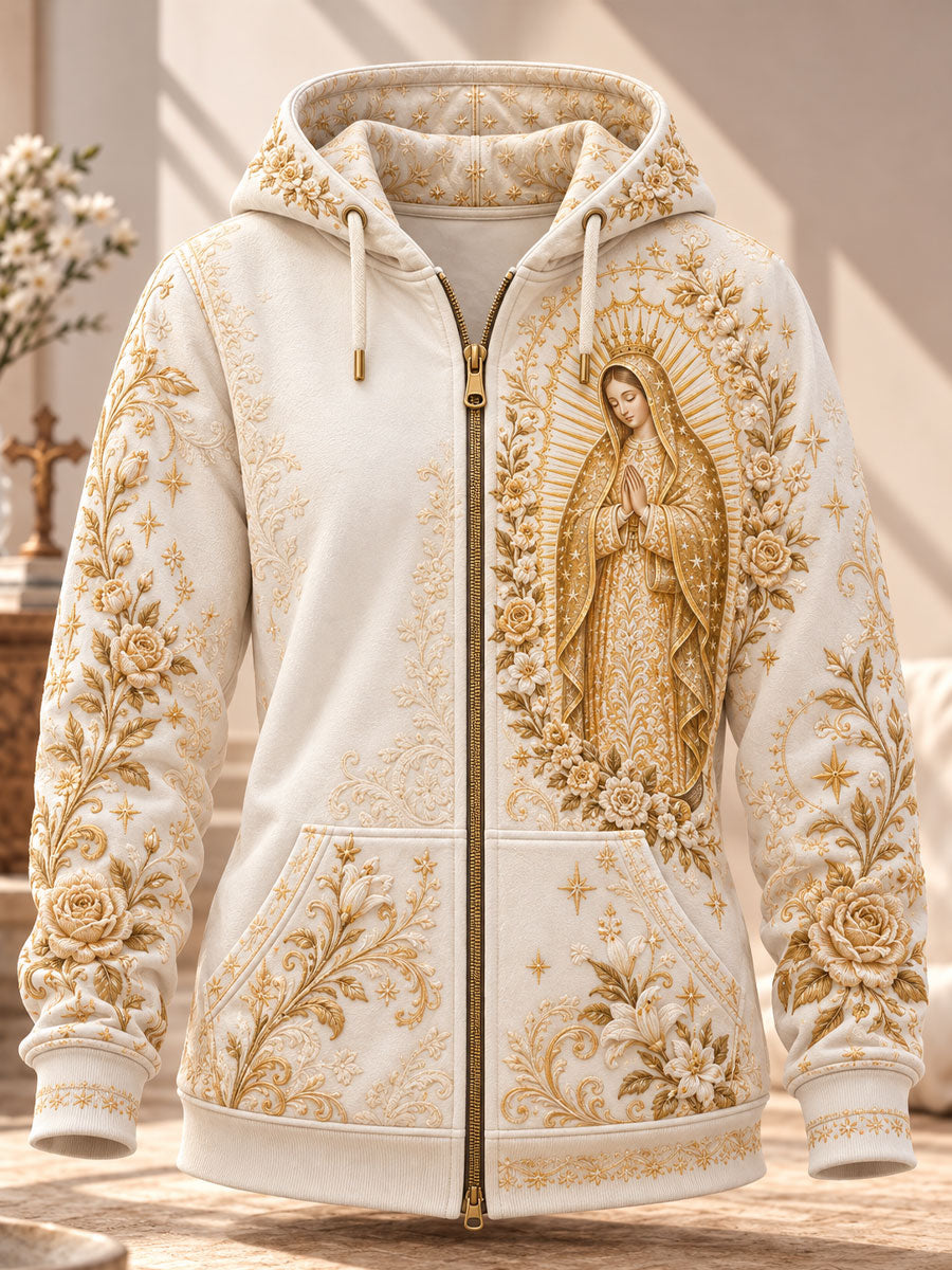 Sudadera con capucha y cierre estampada con arte de la Fiesta de Nuestra Señora de Guadalupe para mujer