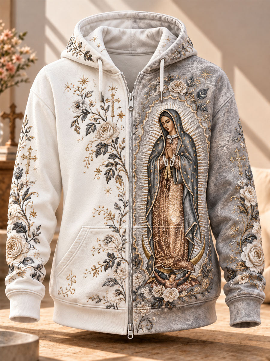 Sudadera con capucha y cierre estampada con arte de la Fiesta de Nuestra Señora de Guadalupe para mujer