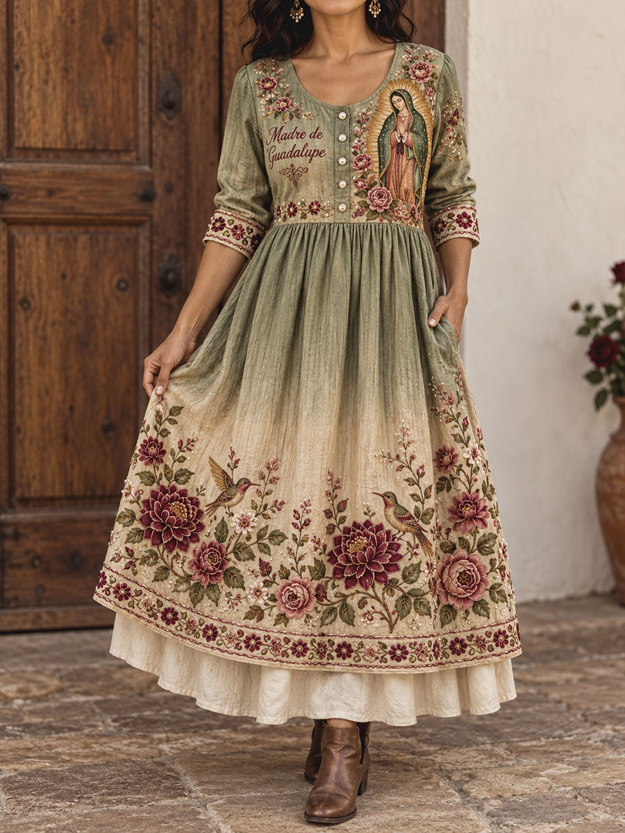 Vestido estampado con arte de la Virgen de Guadalupe de México para mujer