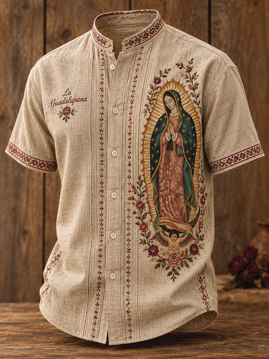 Camisa estampada con arte de la Virgen de Guadalupe para hombre, diseño mexicano