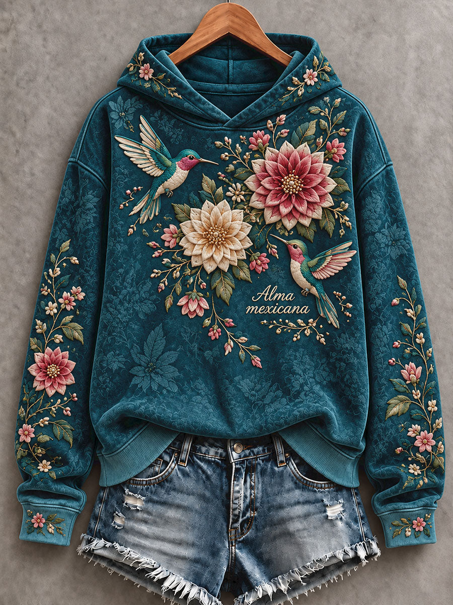 Sudadera con capucha estampada de arte folclórico mexicano para mujer