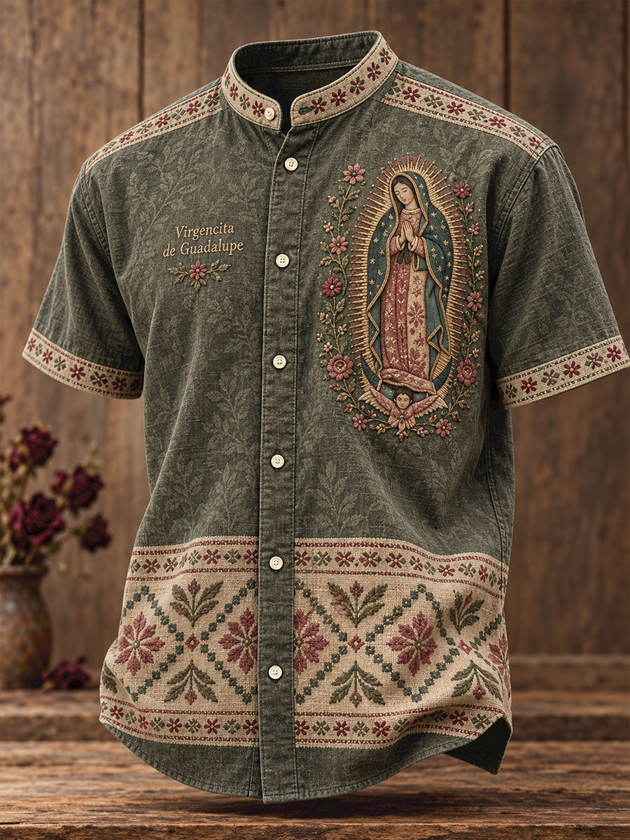 Camisa estampada con arte de la Virgen de Guadalupe para hombre, diseño mexicano
