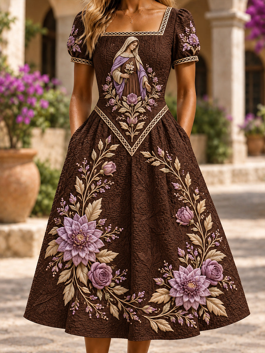Vestido elegante por la rodilla con cuello en V y estampado artístico mexicano de la Fiesta de Nuestra Señora de Guadalupe para mujer