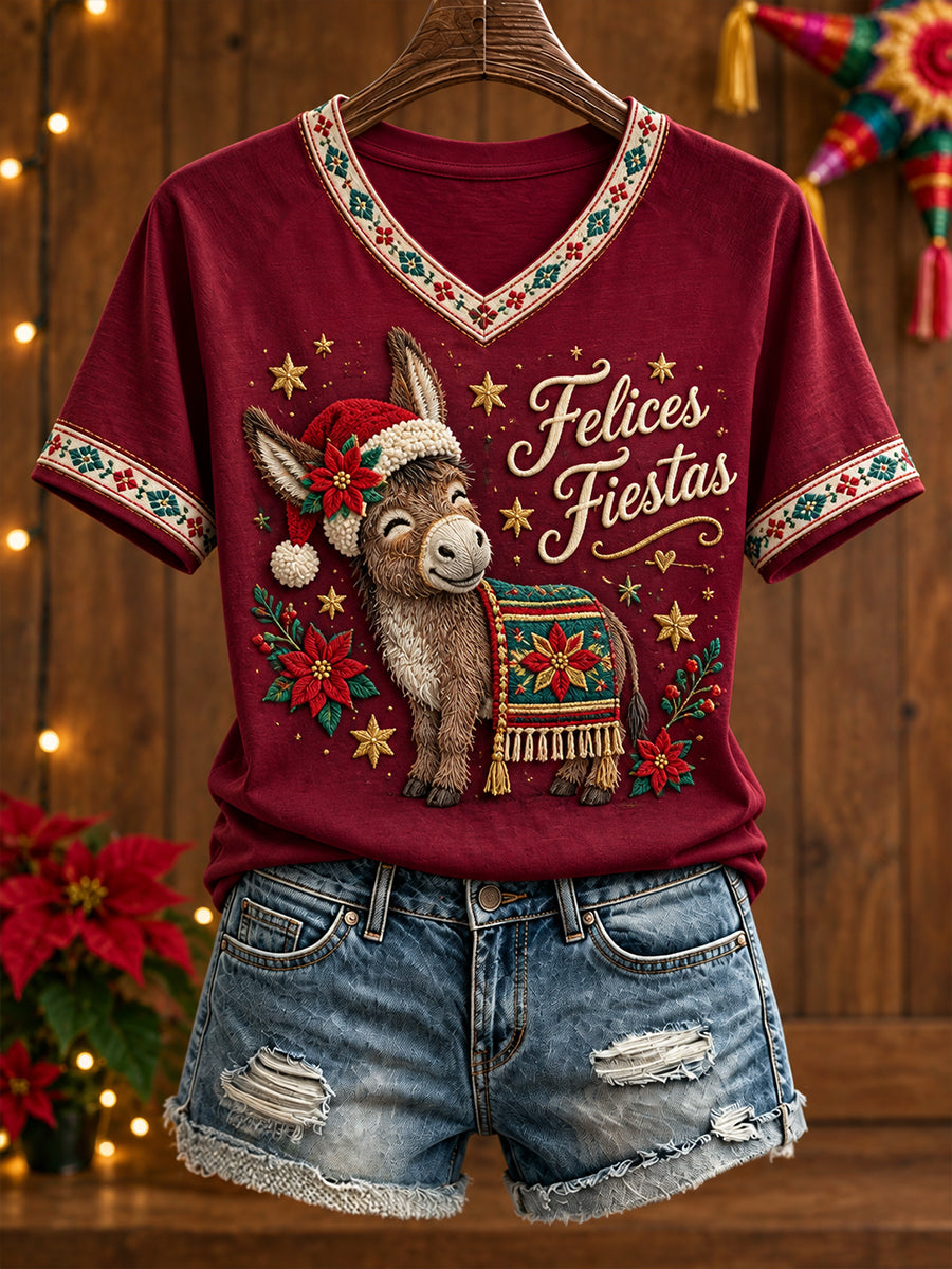 Camiseta estampada con diseño navideño mexicano para mujer: Feliz Navidad