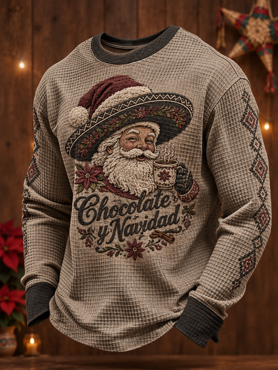 Sudadera de waffle estampada con diseño navideño mexicano y la frase "Feliz Navidad" para hombre