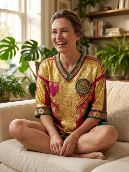 Camiseta estampada con diseño artístico de amor por el fútbol mexicano para mujer